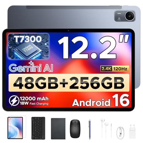 P12 Pro 12-Inch Tablet, 12000mAh Android 16 Tablet, 48GB RAM+256GB ROM/2TB TF, T7300 Octa-Core, 4G LTE, 2.4K/120Hz, 13MP, Gemini AI, Face ID/OTG/GPS/FM, Tablet with Keyboard and Pen, Grey