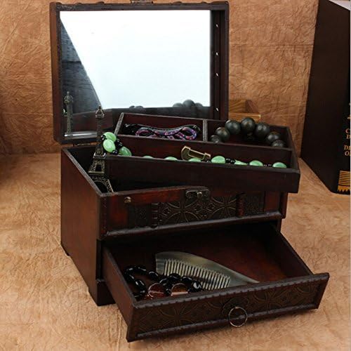 Antique Retro Wooden Storage Jewelry Box with Mirror (Coins)