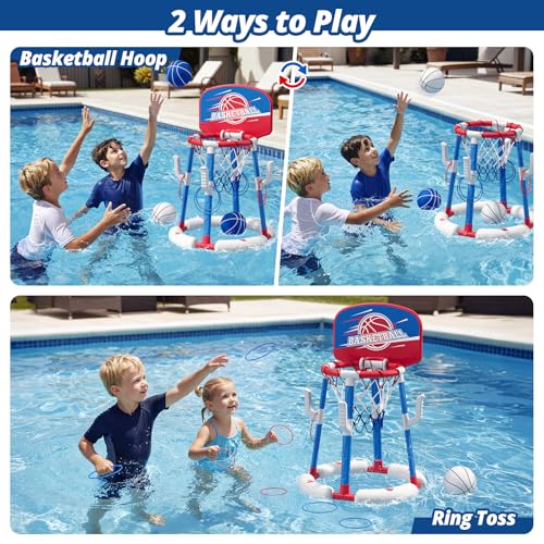 2 in 1 Pool Basketball Hoop Set with Backboard & Ring Toss Game, Floating Water Basketball Game with 4 Balls, 8 Rings & Pump, Summer Outdoor Swimming Pool Toys Gifts for Adults Kids Teens, Red