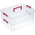 JUXYES 2-Tiers Stack Carry Storage Box With Handle, Transparent Stackable Storage Bin With Handle Lid Latching Storage Container for School & Office Supplies (Red)