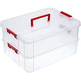 BTSKY 2 Layer Stack & Carry Box, Plastic Multipurpose Portable Storage Container Box Handled Organizer Storage Box for Organizing Stationery, Sewing, Art Craft, Jewelry and Beauty Supplies(Red)