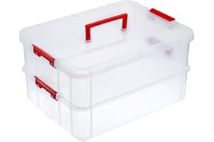 JUXYES 2-Tiers Stack Carry Storage Box With Handle, Transparent Stackable Storage Bin With Handle Lid Latching Storage Container for School & Office Supplies (Red)