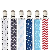 Pacifier Clip by KiddyStar - 6 Pack - Unisex Modern Designs for Girls and Boys - Cute Newborn Soothie, Toy, Teething Ring Holder - Perfect Baby Shower Gift Set