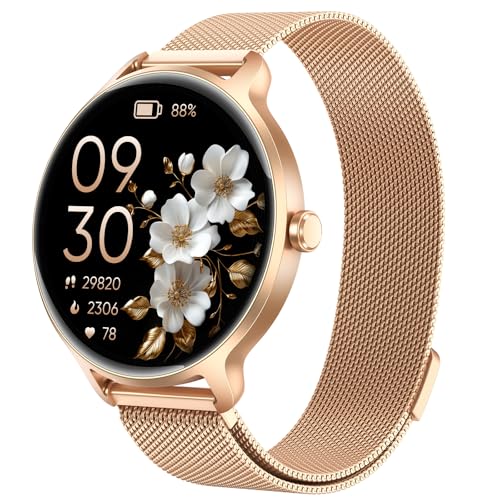 Women's Round Smartwatch, 1.27 Inch AMOLED Smart Watch with Phone Function, Fitness Watch with Heart Rate Monitor, SpO2 Sleep Monitor, Pedometer, 120+ Sports Modes, Sports Watch, IP68 Waterproof, Women's Watches for iOS Android