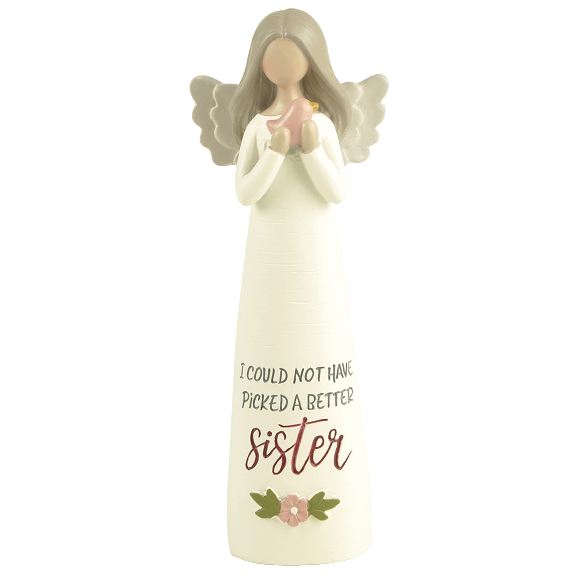 Feather & Grace Angel Figurine with Pink Bird – Sentimental Sister Gift Ornament with Engraved Message, Handcrafted Resin Collectible 14cm