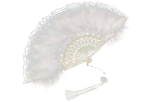 AUOCATTAIL Gold Edge Feather Fan Lolita Vintage Lace Style Folding Hand Fan for Women's Wedding Bride Costume Dancing Party Favor Props (White)