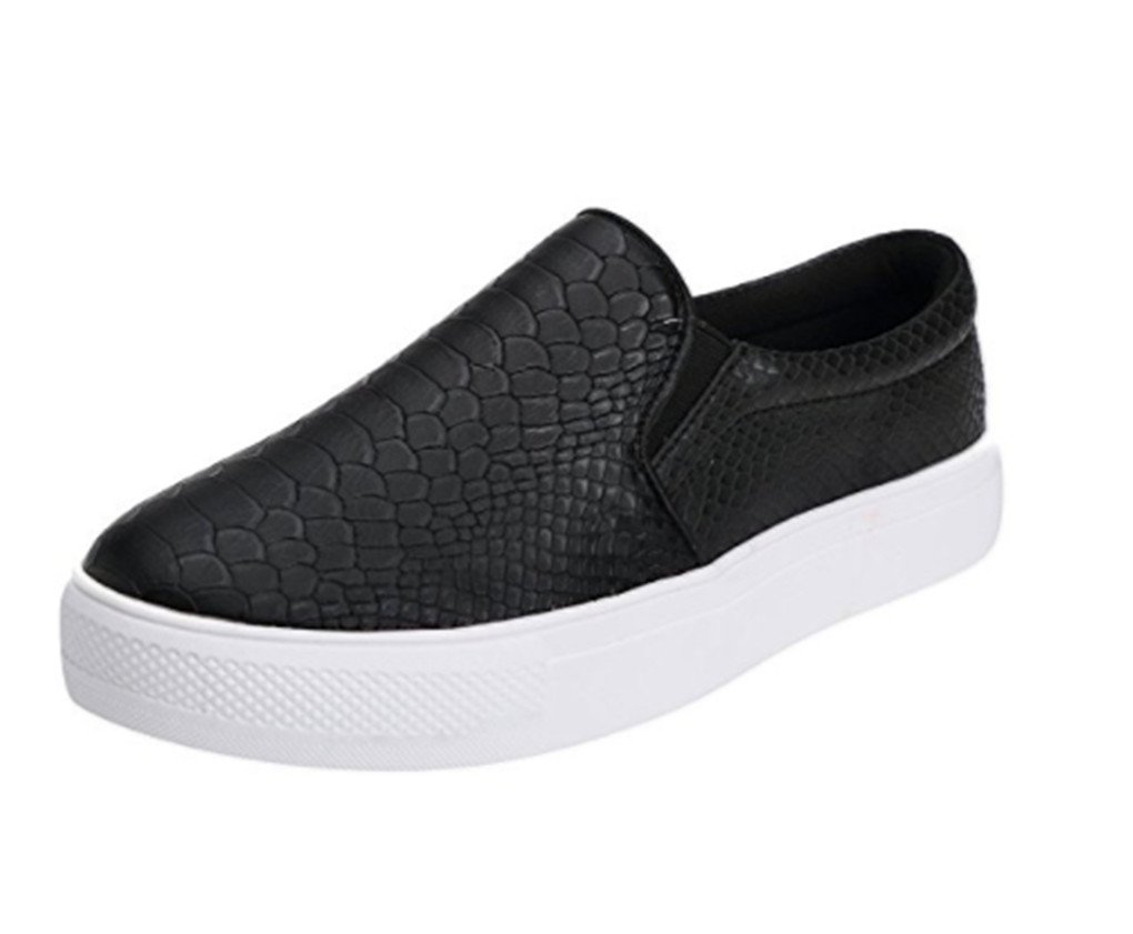 Ruiatoo Women\'s Fashion Slip-on Sneakers Snake Print Comfortable Leather Flat Shoes Black 37