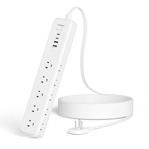 10Ft Power Strip Surge Protector - TerHavn Extension Cord with 15 AC Outlets and 4 USB Ports for for Home, Office, Dorm Essentials, 1080 Joules,15A 1875W UL, (White)