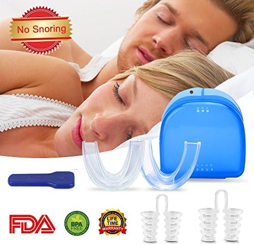 Anti Snoring Devices Set, 2 Mouth Guards and 2 Snore Stopper Nose Vents Nasal Dilators Snoring Mouthpiece Solution Aids Snore Reducing for Natural and Comfortable Sleep