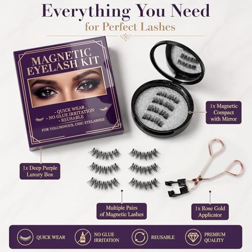 Magnetic Eyelashes Kit - 8 Pairs Magnetic Lashes Natural Look with Applicator - Reusable & No Glue Needed - 2 Natural Styles for Daily Makeup - Easy to Wear False Lashes