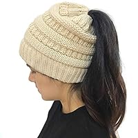 MUMAX Beanie Tail Hat, Women Ponytail Cable Knit Cap Beanie Hats Soft Stretch Headband Winter Warm Ski Caps (Beige)