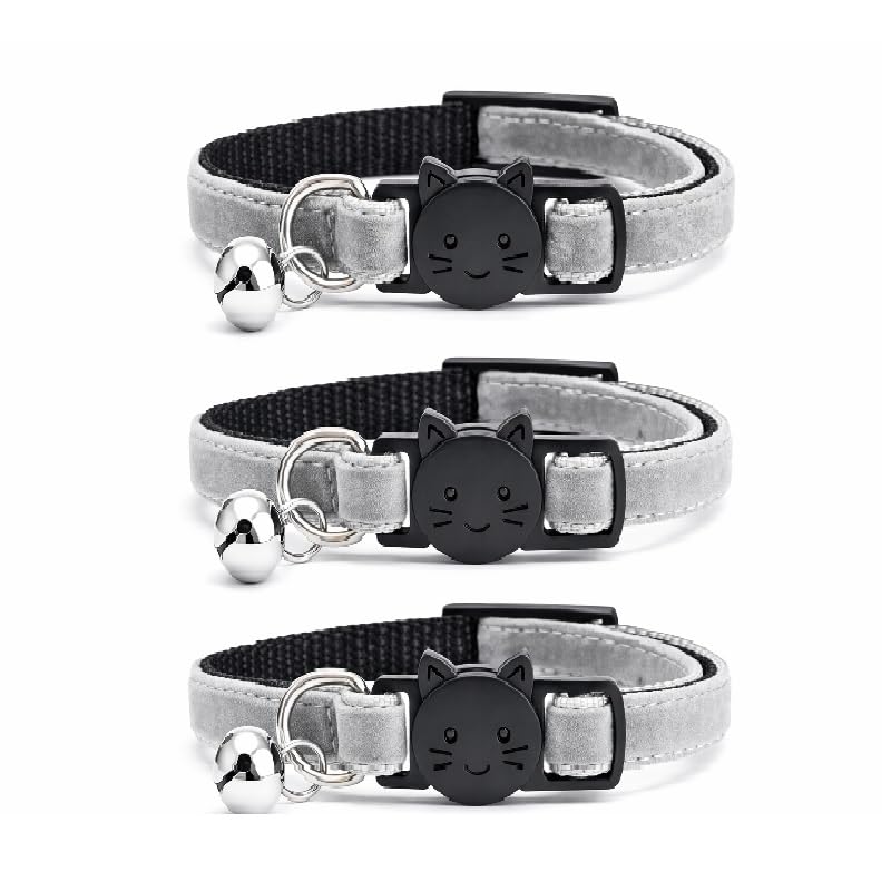 Velvet Cat Collars with Bell. Safe Breakaway Quick Release Buckle. Available in Cat & Kitten Size (Pack of 3) (Cat Collar (20cm - 30cm), Grey Velvet (Pack of 3))