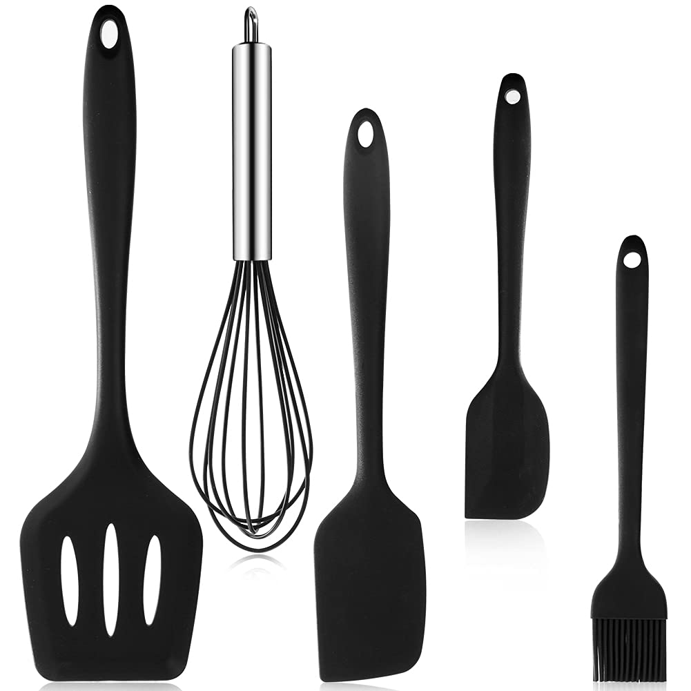 YISUYA 5PCS Black Spatula Kitchen Utensil Set, Silicone Cooking Utensils-Silicone Spatula, Basting Brush, Whisk, Slotted Turner - Kitchenware Non-Stick & Heat Resistant for Cooking, Baking and Mixing