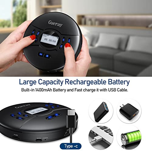 Gueray Portable CD Player with Bluetooth Rechargeable 2000mAh Battery