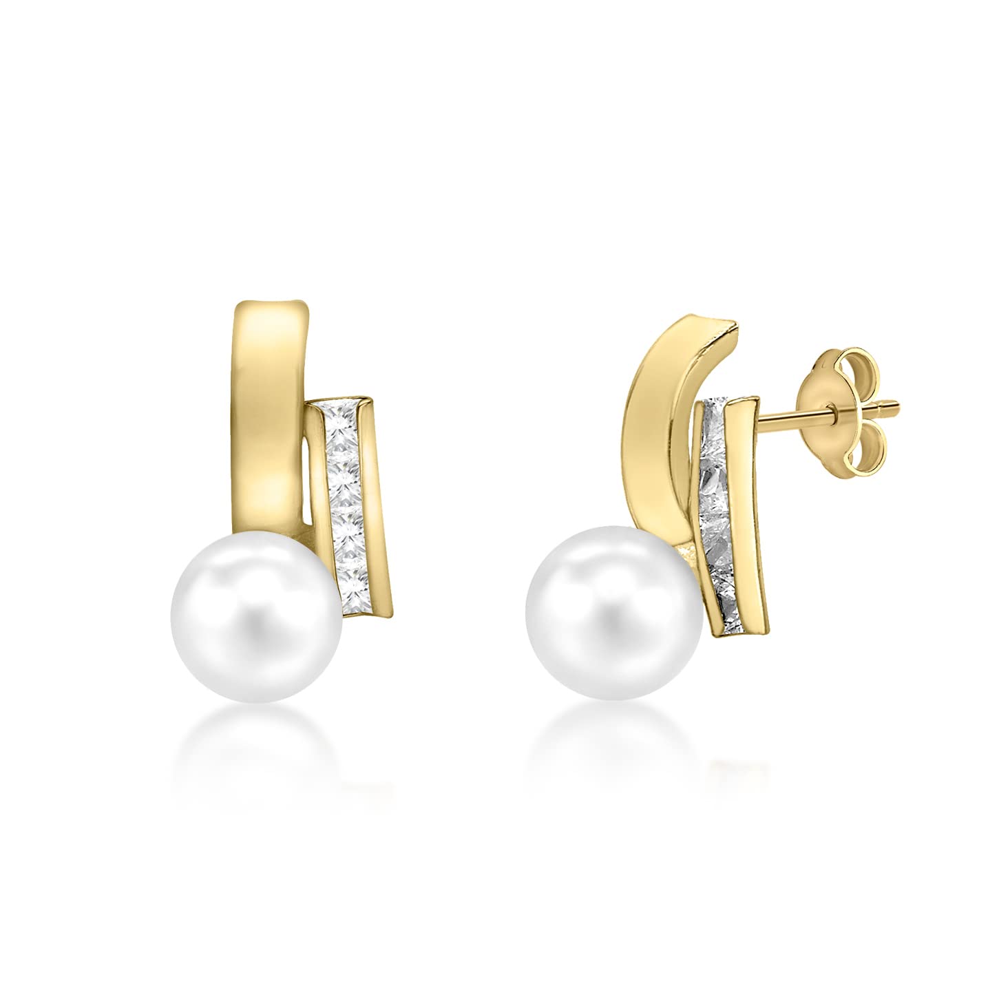 CARISSIMA Women's 9 ct Yellow Gold Cubic Zirconia and Freshwater Pearl Two Band Earrings