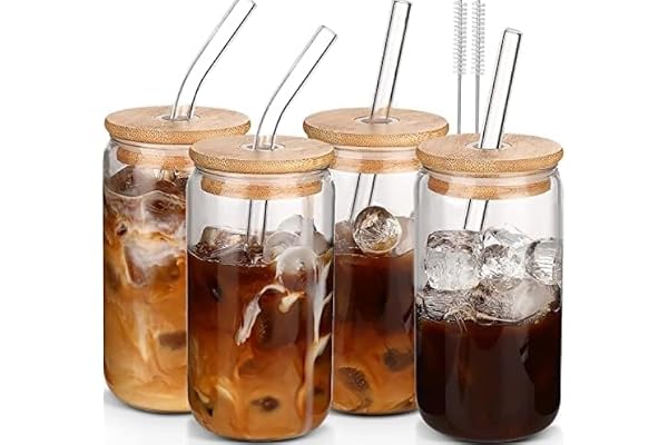 Iced Coffee Cups,Glass Cups with Lids and Straws 4 pcs,Smoothie Cups,16 oz Glass Tumbler with Straw and Lid-Beer Glasses Drin