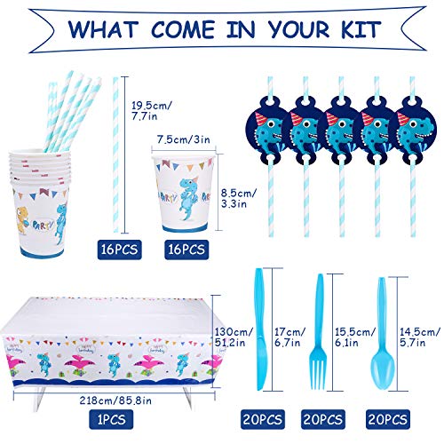 Airich Gebutstag Party Set, 142 Stück Dinosaurier Party Supplies Set Geschirr Set Teller, Tassen, Servietten, Tischdecke… – Bild 4