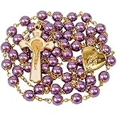 Nazareth Store Purple Pearl 8mm Beads Rosary Necklace Gold Prayer Chaplet with Miraculous Open Up Locket Centerpiece Medal and White Enamel Cross