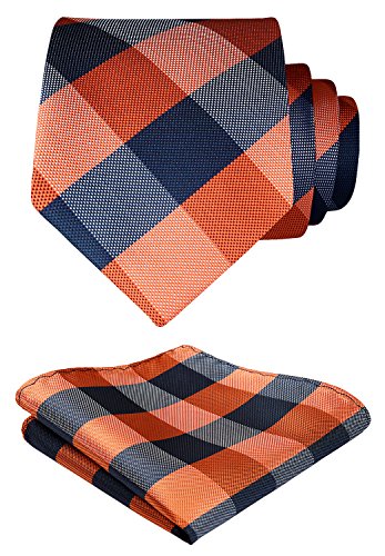 HISDERN Check Geometric Tie Handkerchief Woven Wedding Classic Men's Necktie & Pocket Square Set Orange & Navy Blue