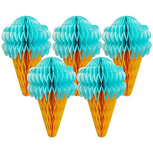 Just Artifacts 7inch Ice Cream Cone Shaped Tissue Honeycomb Decoration (Set of 5, Blue)