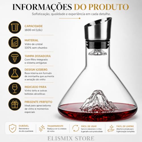 Decanter de Vinho 1,6L Cristal Sem Chumbo com Tampa Dosadora e Filtro Aerador Iceberg Decantador para Vinho Tinto Garrafa Elegante para Bar Casa e Presente