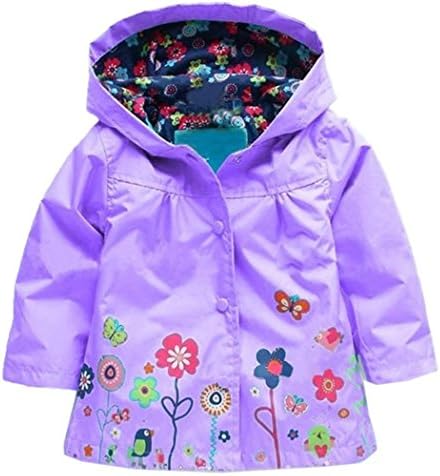 Baby Girls Kid Boy Waterproof Hooded Coat Floral Jacket Outwear Raincoat Hoodies (5-6 Years, Purple)