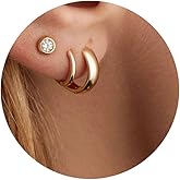 3 Gold Hoop Earrings Set, Stack Small Huggie Hoops & Studs Chunky Gold Earrings, Hypoallergenic Tarnish Free Dainty Jewelry Gift Set for Women，Everyday Earring for Cartilage Piercings