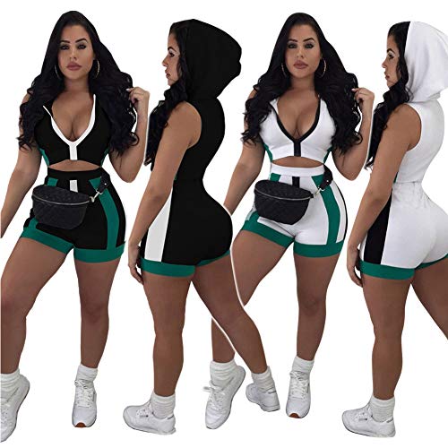 Women Sexy Two Piece Outfits - Summer Rompers Shorts Set Sleeveless Crop Tops with Hoodies Black 2XL