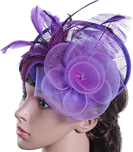 TBNA Bridal Black and Purple 2 Styles Flower Feathers Hat Wedding Fascinator Headband Hair Accessories Lady Hat Wedding Reception (Purple)
