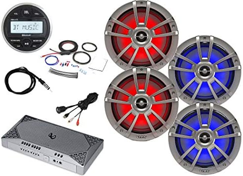 JBL PRV-175 Marine Bluetooth Digital Media Radio, 4X Infinity 8" Coaxial Waterproof Marine LED Speakers - Titanium, Infinity 4-Channel Marine Amp, Scosche Amp Power Kit, USB Interface, Antenna