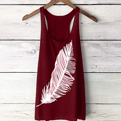 Women's Fashion Round Neck Feather Print Sleeveless Vest Summer Casual Top Wine