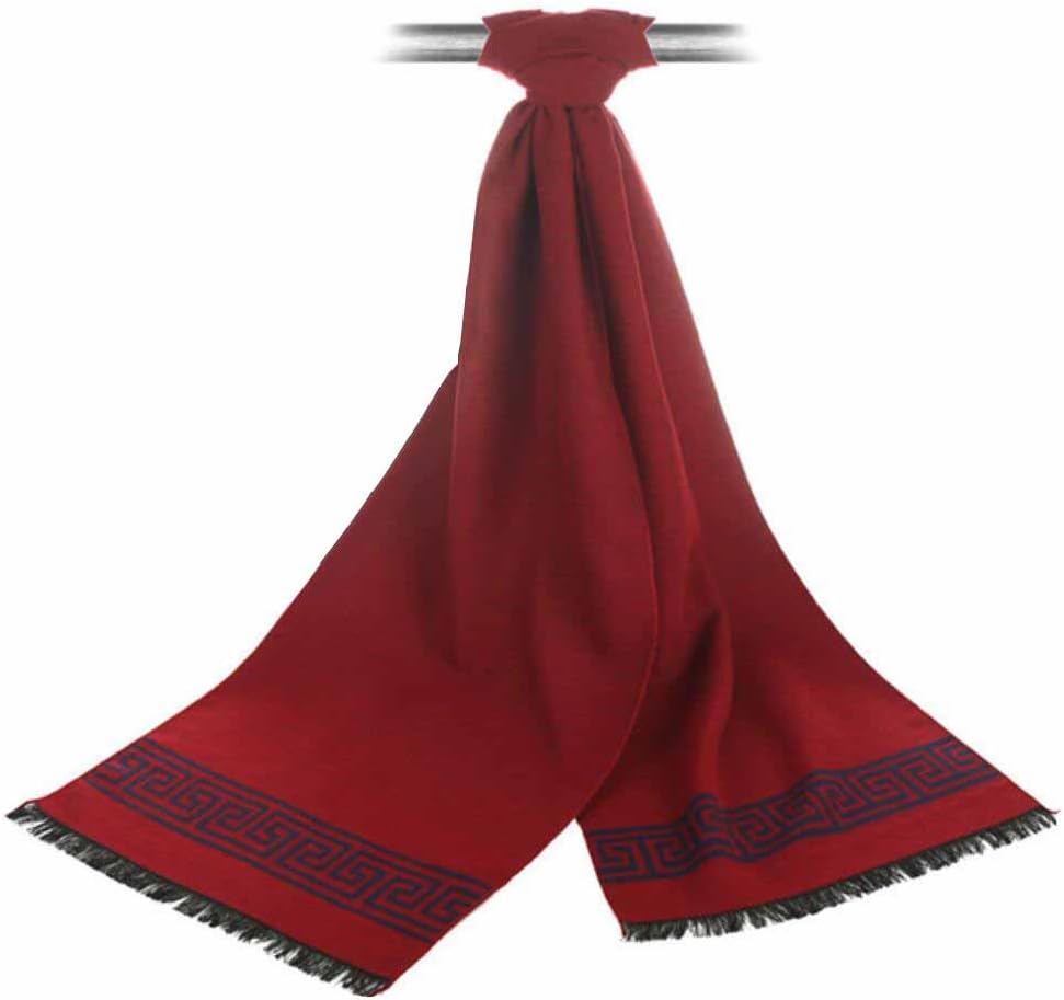 Men's luxury 30 * 180cm Scarf, Soft Warm Wool Silk Cashmere Lambswool Blend Scarf, Pattern: Tartan, Leaves, Star, Great Wall Design (Great Wall Design Red)