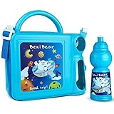Qasass Kids Lunch Box Combo, Lunchbox Combo Set for Pre-School & Kindergarten With Attachable Plastic Water Bottle, Shoulder Strap, Beni Bear Design, Choice of Blue, Pink, or Yellow