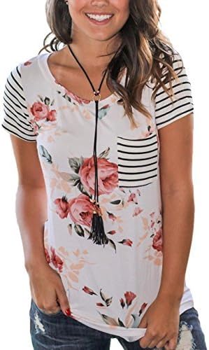 2017 Women's Spring Summer Floral Print Striped Short Sleeve T Shirts Loose Casual Tops,White,Large