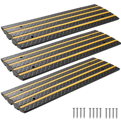 VEVOR Car Driveway Rubber Curb Ramp, 15 Tons Load Capacity, 66 mm Rise Curbside Bridge Ramp with Yellow Reflective Strips, Suitable for Loading Dock, Warehouse, Garage, Sidewalk (3 Pack)