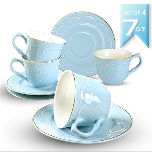 Porcelain Coffee Cups and Saucers Set- 7 OZ Embossed Flower Coffee Cups Set of 4-Blue Tea Cup Sets with Golden Edge Coffee Cups for Mocha Cappuccino