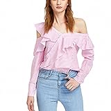 D.Kors Pink Asymmetric Blouses Women NEW Striped One Cold Shoulder Ruffle Trim Cute Summer Tops Casual Elegant Button Blouse