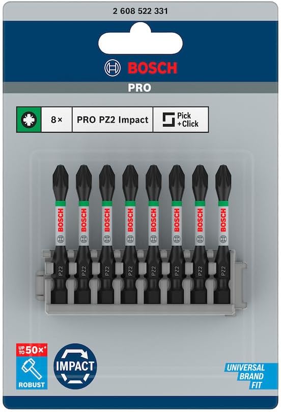 Bosch 8X PRO Pozidriv Impact Bit PZ2 55 mm 8 pcs 1/4 inch Hex