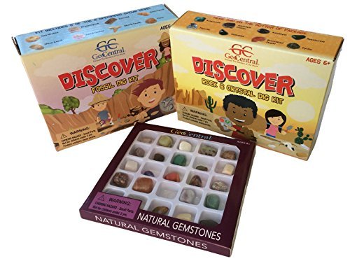 Fossil, Rock, Crystal, Gemstone Discovery Bundle / 3 Fun Learning Kits / Rock and Crystals Excavation Dig Kit, Fossil Digging Kit, and Natural Gemstones Geology Kit for Kids