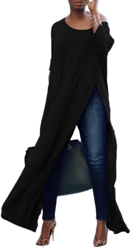 Women One Off Shoulder Batwing Long Sleeve High Split Maxi Tops Long T Shirts Dress (Label XX-Large=US 14, Black)