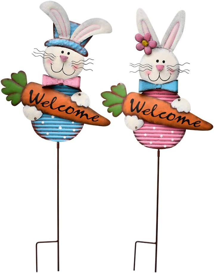 K KILIPES 32.25" H Easter Decoration Outdoor Metal Bunny Decorative Garden Stakes for Easter Decor, Rabbit with Carrot Welcome Yard Signs for Spring Outside Garden Lawn Backyard Decoration