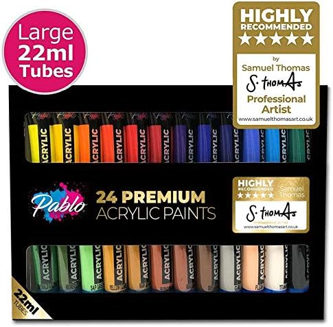 Premium Acrylic Paint Set (24 Large 22ml Tubes) - Ideal for Paper, Canvas, Wood, Ceramic, Fabric & Crafts. Non Toxic & Vibrant Colours. Rich Pigments for high Quality - Suitable for All Levels