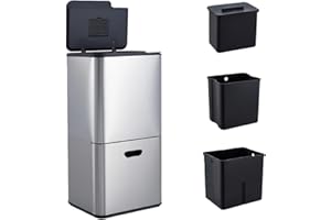 MilleLoom 16 Gal Kitchen Trash Can, Dual Compartment Recycling Bin with Food Waste Caddy, Stainless Steel Trash and Recycle B