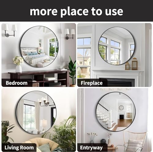 ORCHID M®Black Round Mirror for Wall 60CM,Modern Metal Frame Circle Bathroom Mirror for Wall，Tempered Glass-Shatterproof for Wall Mirror for Entryway, Bathroom, Vanity, Living Room (Black 24 inch)