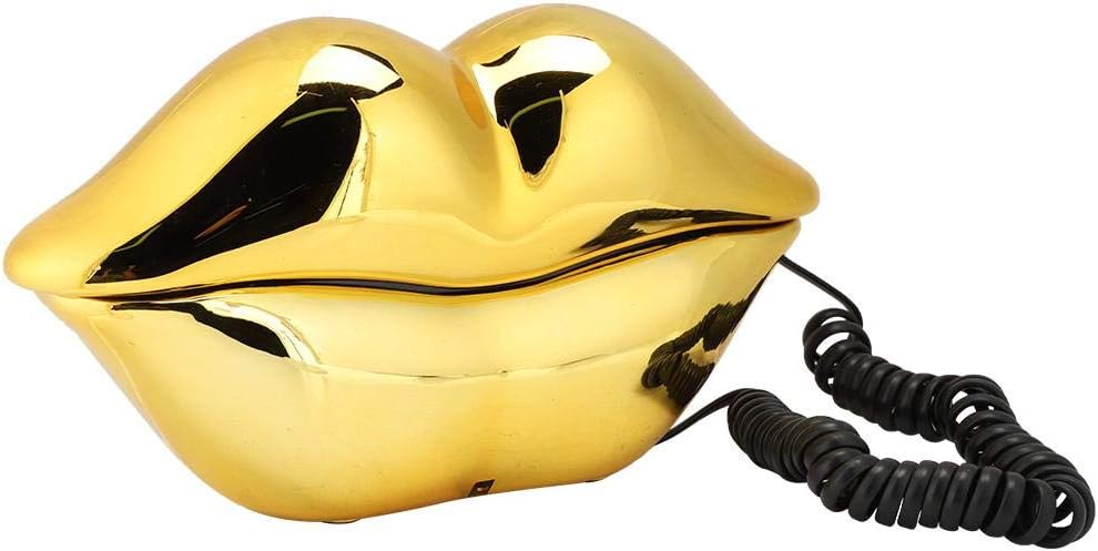 Corded Telephone, Landline Fixed Telephone Desktop Mouth's Lips Shape Telephone with Number Storage Function for Homes and Offices.（Red/Gold (Gold)