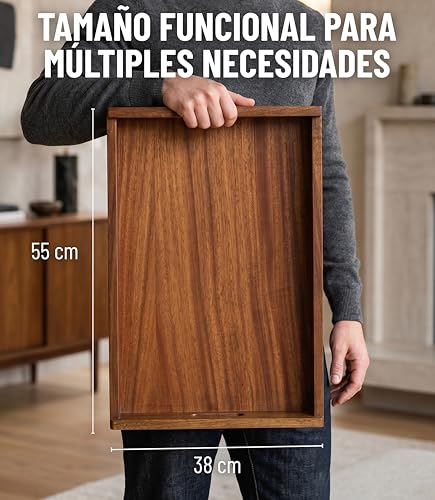 Charola de Servicio de Madera Parota 55x38x7 cm Bandeja Rectangular Grande para Desayuno en Cama Cocina Mesa Decorativa con Asas Integradas Color Nogal para Servir Alimentos Bebidas y Botanas Hogar XL