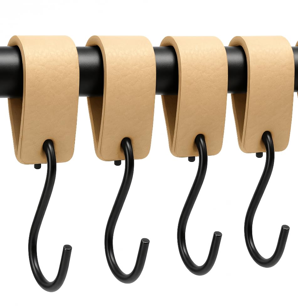 Brute Strength - Leather S Hooks for hanging - Natural - 4 Pieces - Incl. Silver & Black hooks for hanging coats, cups, towels, kitchen leather s-hooks