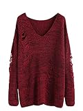 MakeMeChic Women's V-Neck Ripped Long Sleeve Knitted Loose Pullover Sweater