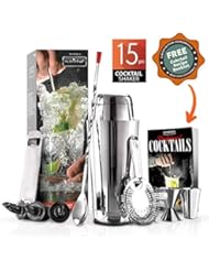 NutriChef Mixology Bartender Cocktail Shaker Set - 15 & 30 oz Stainless Steel Cocktail Bar Set Mix Drink Shaker Kit - Essentials Martini Making Kit Drink Mixing Starter Set - NCCS15PC (15 Piece Set)