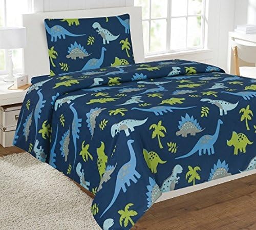 Kids printed sheet set: Flat &amp; fitted sheets with pillow cases. Choose from butterfly, Dinosaur, Shark, Princess, sports, sailor prints Twin or Full (Twin, Dinosaur Blue)